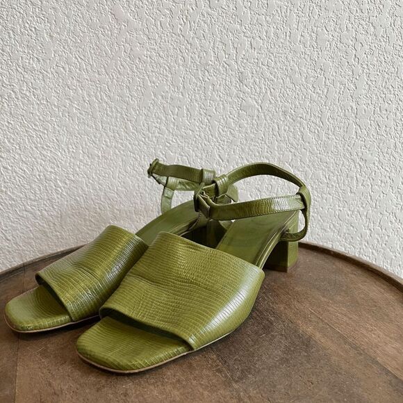 Everlane Green Reptile Textured Leather The Block Heel Sandals Women's Size 9 - Picture 1 of 5